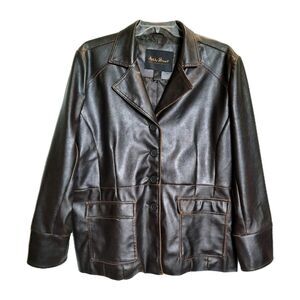 Plus Size 2X Faux Brown Vegan Leather Jacket Button Blazer Ashley Stewart XLNT